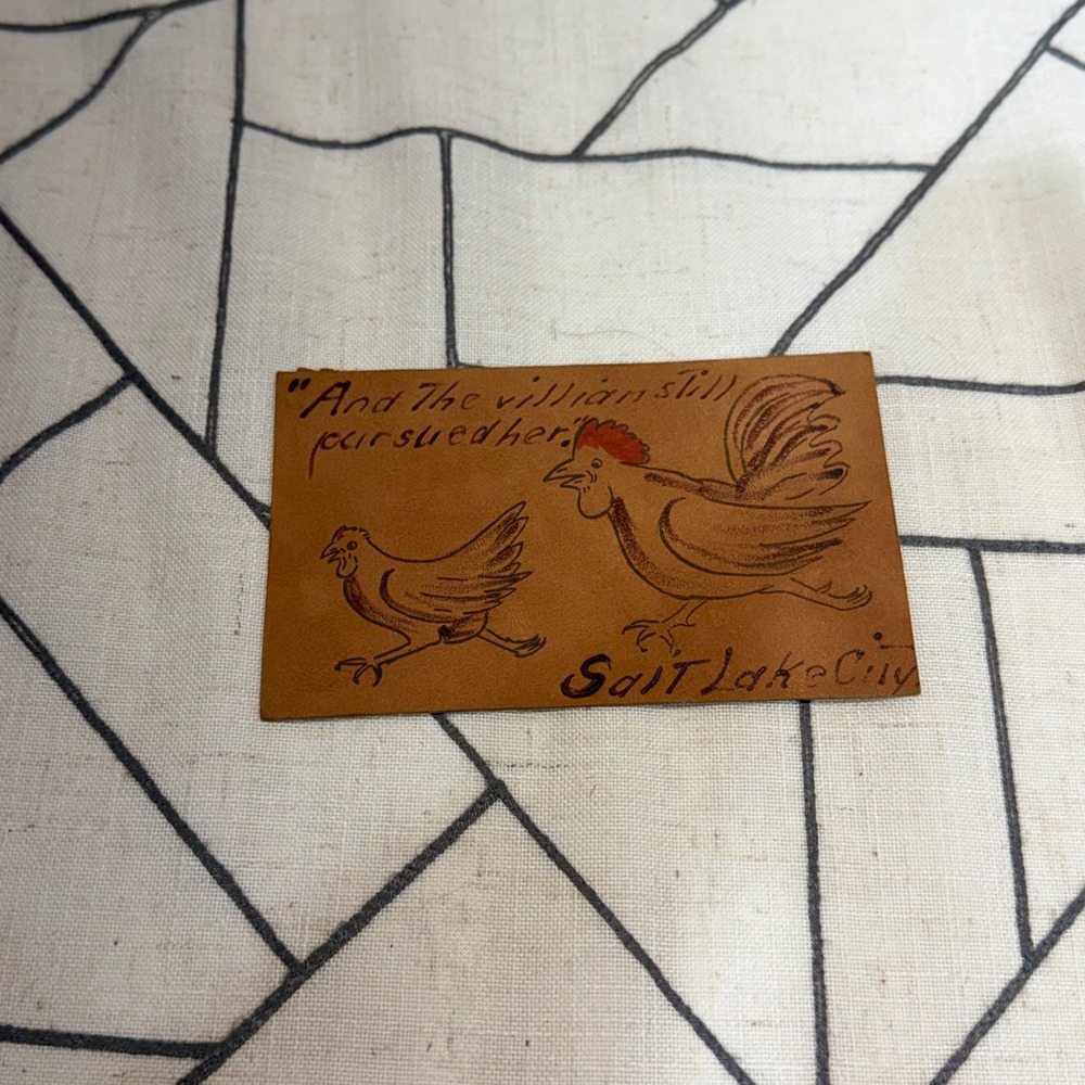 Unbranded Leather Postcard 5.5x3.25 Brown Salt Lake City Rooster Hen Vintage